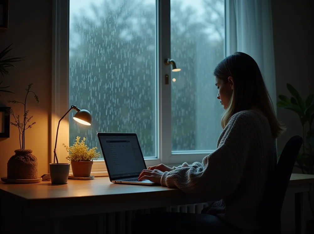 Minimalist home office nook on a rainy Monday afternoon with raindrops streaming